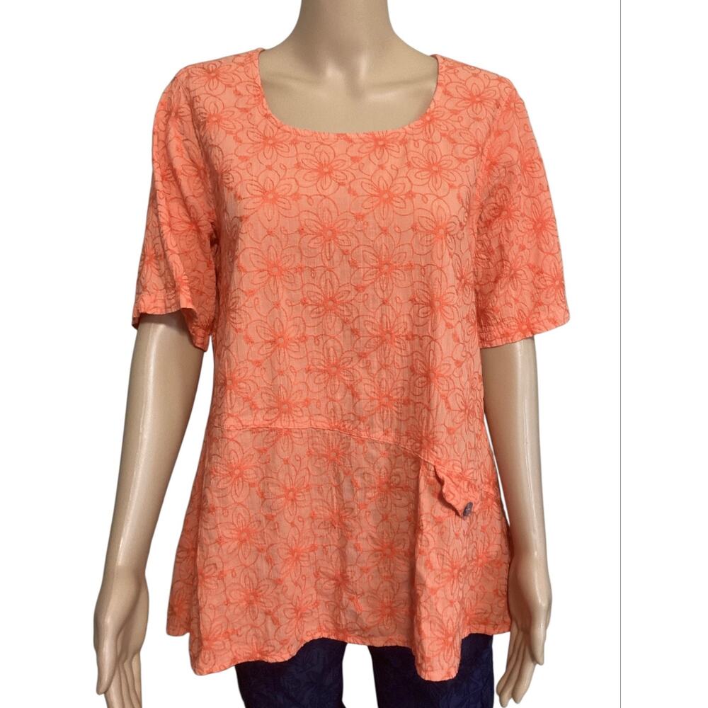 Color Me Cotton orange Floral Embroidered Asymmetrical Tunic Top –Short Sleeve M
